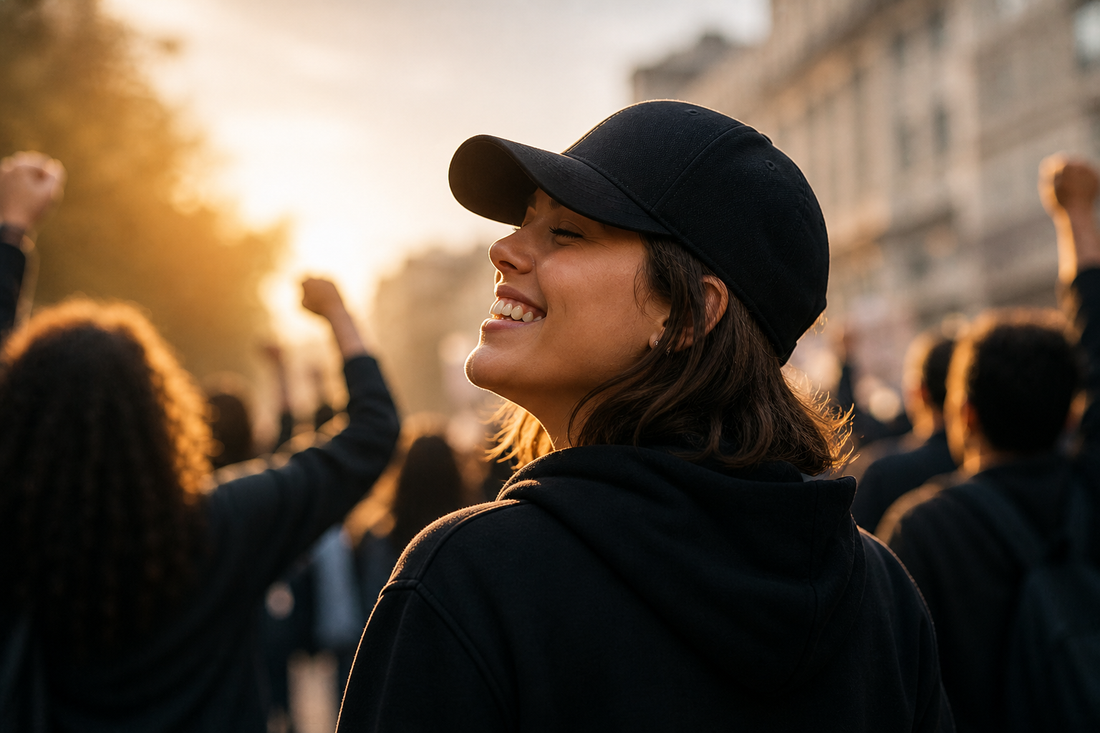 Personne souriante portant une casquette noire unie au milieu d’une foule, dans une ambiance urbaine et lumineuse évoquant la liberté, la joie et une forme de résistance collective.