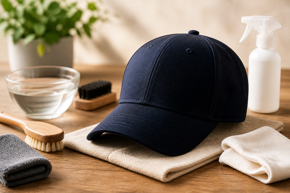 Casquette noire unie posée sur une table en bois, entourée d’accessoires d’entretien comme une brosse, un chiffon et un spray, dans une ambiance douce et lumineuse évoquant le soin et la durabilité.